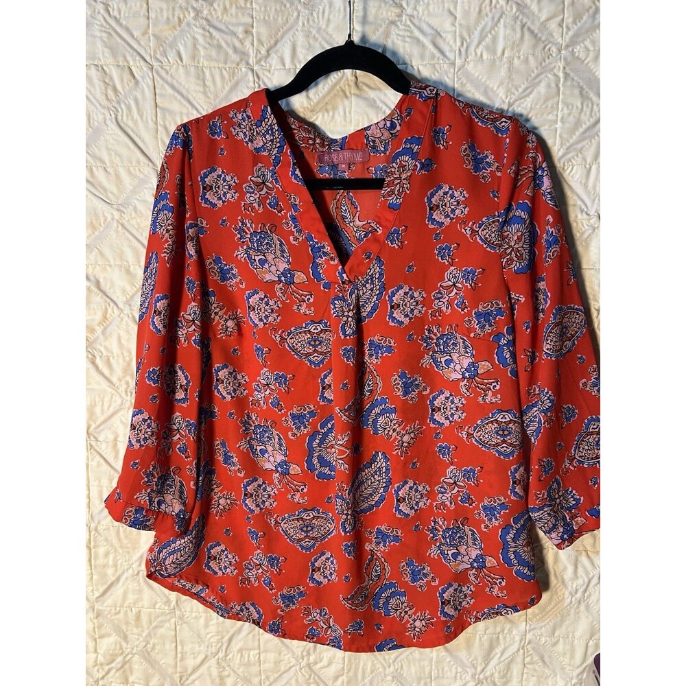 Rose & Thyme Red Paisley Floral Blouse Women’s Medium V-Neck 3/4 Sleeve Boho